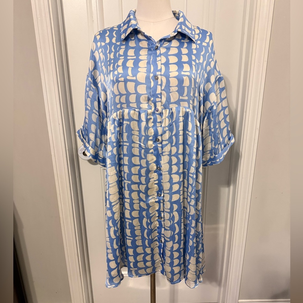 entro Blue and White Patterned Button-Front Dress